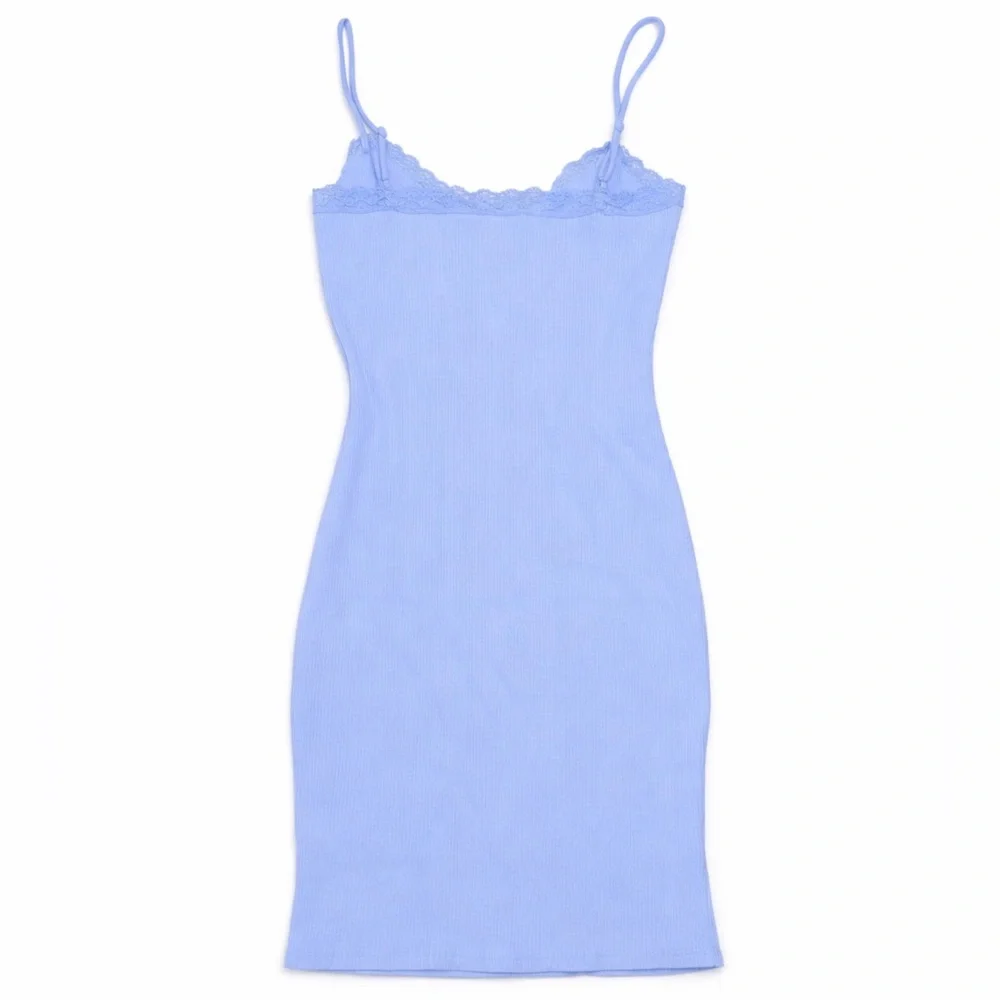 Blue Ribbed Lace Trim Mini Dress Women’s Large - Picture 2 of 2